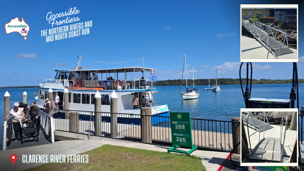 The MV Mirigini moored at the wharf with passengers disembarking down the gangway, one using a walker. Insets show the boarding ramp with handrails running down to the pontoon.