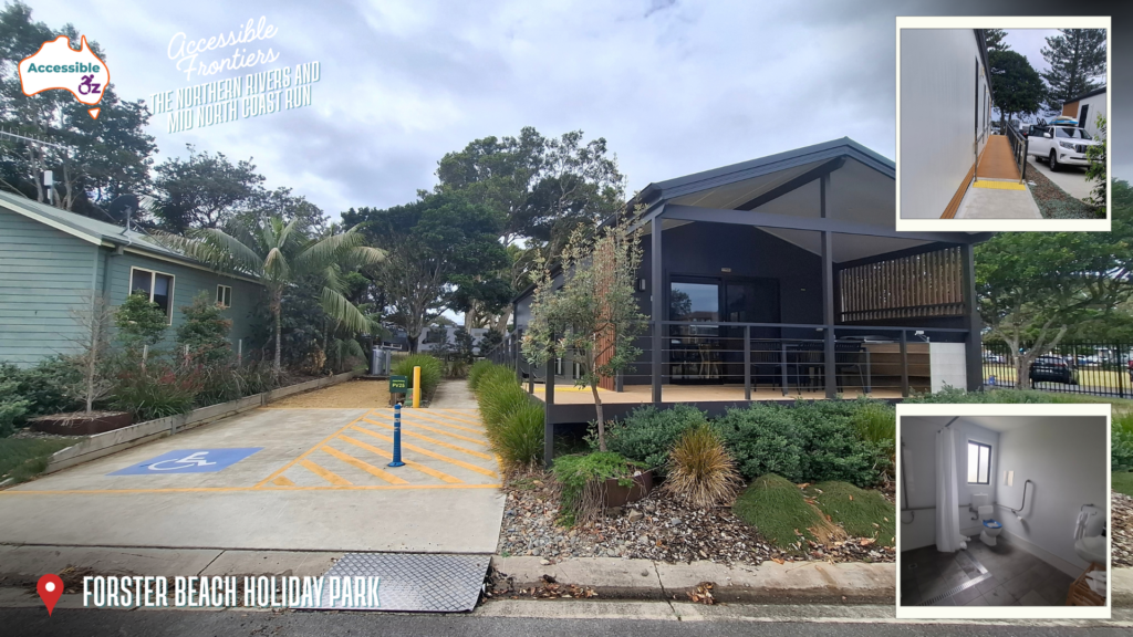 A marked accessible parking bay with hatched access aisle beside an accessible villa at Reflections Forster Beach. Insets show the ramp with tactile indicators running from the parking area to the villa, and the accessible bathroom with grab rails and a roll-in shower.