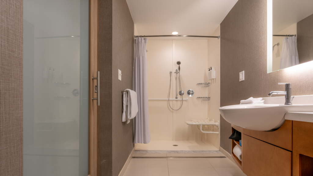 Wheelchair-accessible toilet with shower at a hotel.