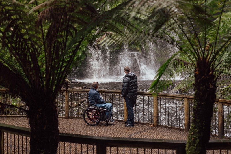 A man in a wheelchair and his companion pause at the viewing platform in front of Russell Falls, framed by tall tree ferns in the rainforest at Mount Field.